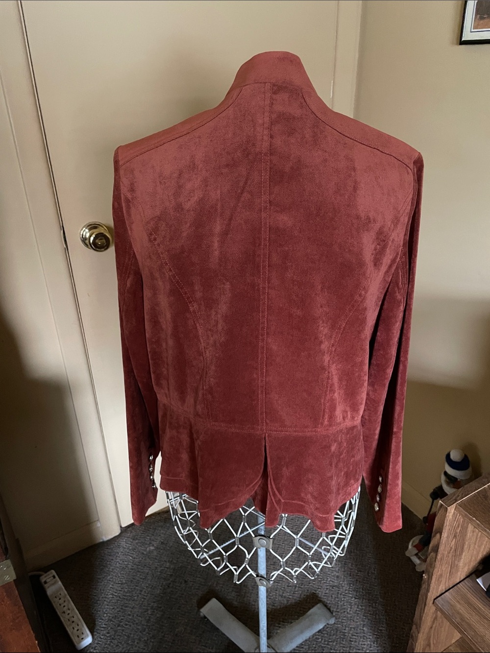 Double Breasted Suede Look Rust Color Ruffled Jacket - Picture 2 of 14